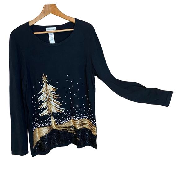 Draper’s & Damon’s Sequin Christmas Tree Top Black Gold Large holiday party - Picture 1 of 7